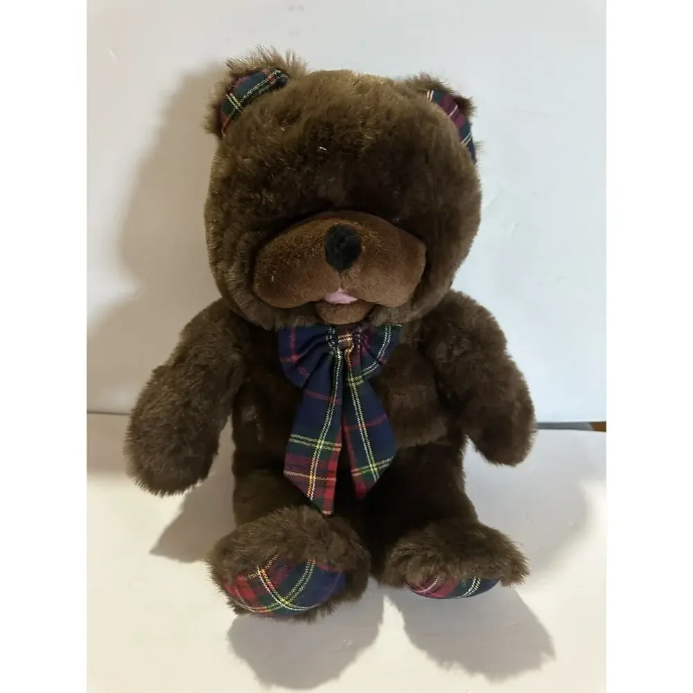 ToyORama vintage teddy bear brown Plush Stuffed Animal checkered bowl & paws 21”